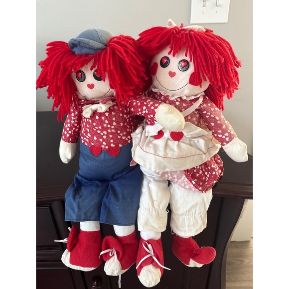 Vintage 60's Raggedy Ann and Andy Handmade Cloth Dolls Heart Print